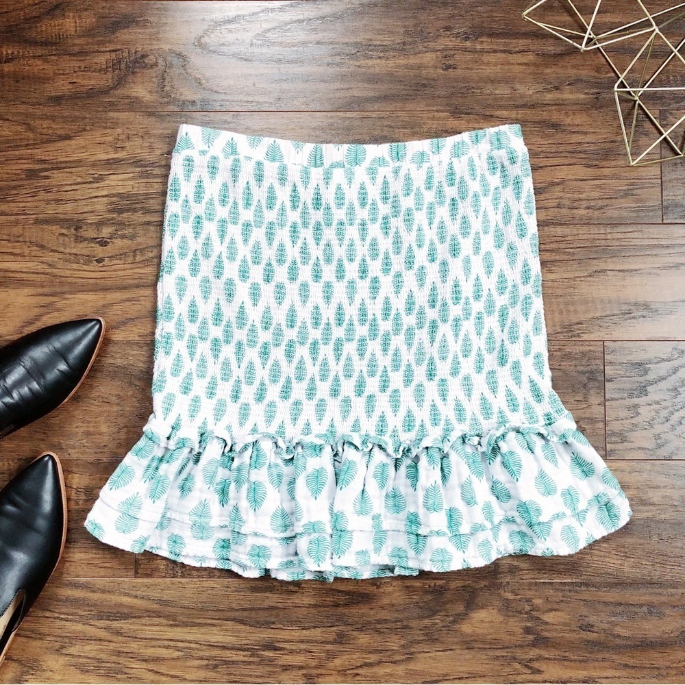 SUNDAYS • smocked mini skirt cotton gauze green palm leaf print ruffle